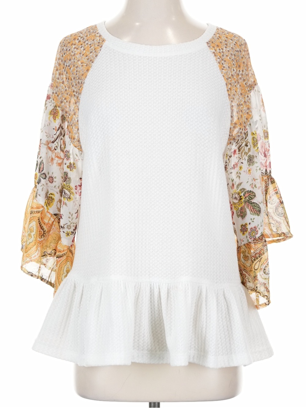 Umgee White Peplum Top with Yellow Floral Raglan Sleeves size S